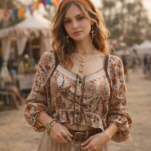 Hanii Y 100% Silk Boho Peasant Top Womens‎ Small Brown Floral Vintage Designer